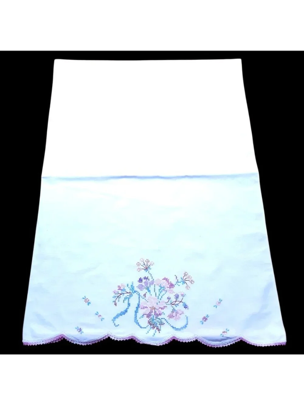 Vintage Hand-Embroidered Pillowcases Floral Cross-Stitch Pink Crochet Trim Set